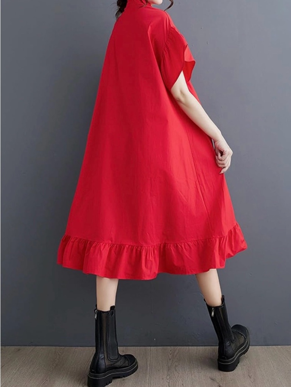 Red Dress Boutique Vibrant Red High-Low Shirt Dress with Floral Accent - Picture 2 of 3